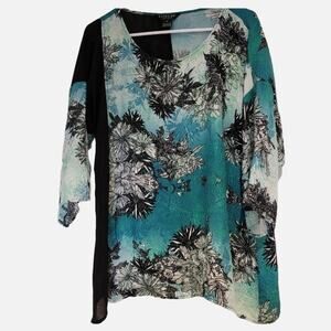 Citron Aqua Floral Pullover Silk Top with Sheer Black Asymmetric Panel, Sz Med